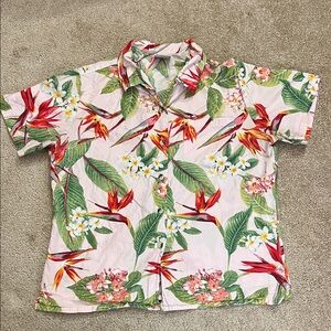 Go Barefoot Tropical Floral Aloha Hawaiian Button-Down Shirt Size Large